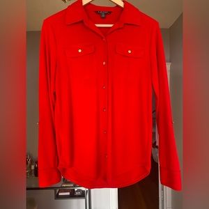 Red Ralph Lauren button-up blouse with gold accents